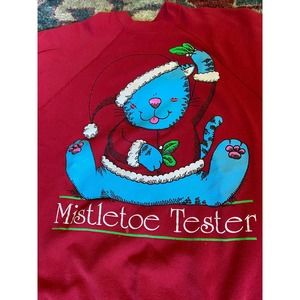 Vtg 90s mistletoe tester kisses cat sweater ugly Christmas sweatshirt L